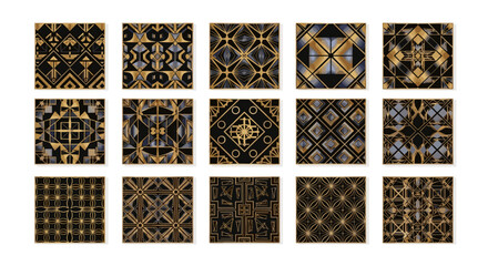 Collection of 15 seamless abstract luxury geometric patterns in gold and black, featuring Art Deco and modern design elements, perfect for backgrounds, textiles, and graphic design projects, vector