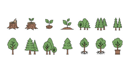 Collection of stylized cartoon tree icons representing different stages of growth and types, including stumps, saplings, mature deciduous and coniferous trees, and a potted plant, set against a clean