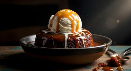 Delicious sticky toffee pudding with vanilla ice cream and caramel sauce on a rustic wooden table, a decadent dessert perfect for a sweet indulgence