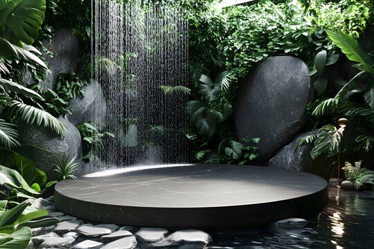 Tranquil zen garden waterfall with stone basin and lush greenery