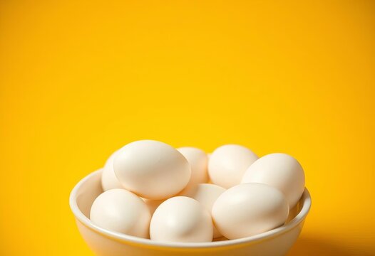 Several pristine white eggs nestled in a simple bowl against a vibrant yellow background, summer, bowl of eggs - Powered by Adobe