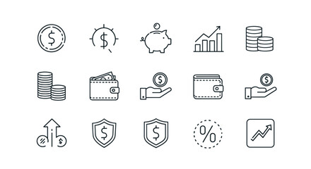 A collection of clean, modern line icons representing financial concepts including coins, stacks of money, wallets, piggy banks, growth charts, and security shields, all presented on a white