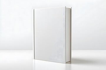 A clean white book stands open on a light surface.