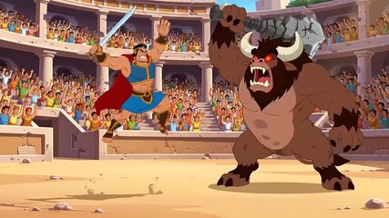 Animated hero battles mythical bull monster in ancient arena with cheering crowd