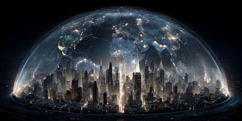 Futuristic cityscape under a protective dome with glowing network connections forming a world map, concept for urban planning, technology security and climate control