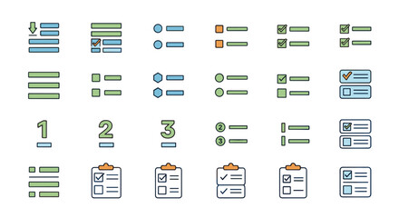 Collection of vivid, flat design icons representing various list and menu interfaces, including numbered lists, bullet points, checkboxes, and clipboard tasks, perfect for web design, infographics