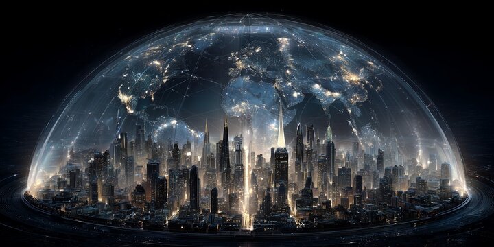 Futuristic cityscape under a protective dome with glowing network connections forming a world map, concept for urban planning, technology security and climate control