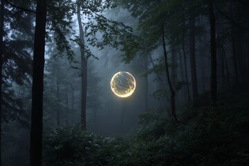 A glowing orb replaces the moon, hovering above a forest with mystical illumination.
