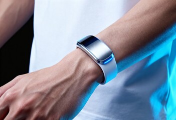 Obraz premium Wrist Accessory: The sleek, futuristic design of a modern wrist accessory is highlighted as it's worn on a person's wrist, emphasizing its technological appeal.