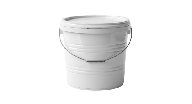 White plastic bucket with metal handle isolated on transparent background