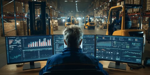 Warehouse supervisor analyzing data on multiple monitors in a large storage facility. Concept for supply chain management, logistics optimization and inventory control