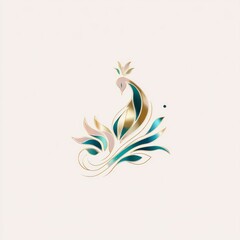 Elegant peacock illustration with gold and teal elements on a light background