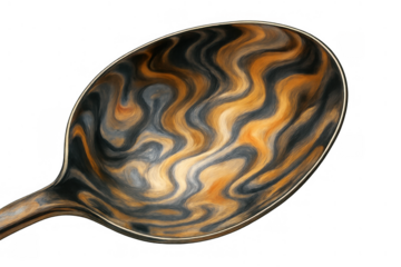 Spoon bowl with fluid abstract wave pattern in orange and black, creating a liquid metal textured surface