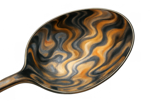 Spoon bowl with fluid abstract wave pattern in orange and black, creating a liquid metal textured surface