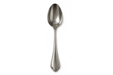 Silver spoon with vintage design handle showing classic elegant cutlery ready for dining on transparent background