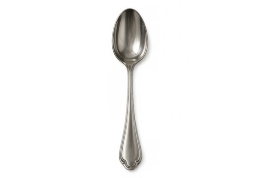 Silver spoon with vintage design handle showing classic elegant cutlery ready for dining on transparent background - Powered by Adobe