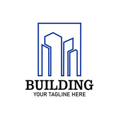 Modern skyscraper building logo design, construction blue, abstract business logo. City landscape, apartment icon.