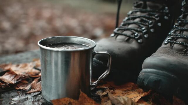 Warm drink in a metal cup and sturdy boots rest among fallen leaves, capturing the essence of autumn camping. The image conveys comfort, exploration, and the beauty of nature in fall