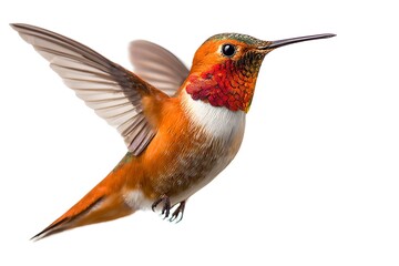 Fototapeta premium A small orange Hummingbird hovers with wings spread wide, showing detailed feathers in flight on a white background.
