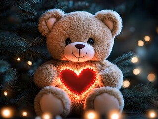 Teddy bear with glowing heart-shaped lights in front of Christmas tree, dark blurred background with bokeh effect, warm and cute design suitable for holiday greeting cards, social media posts, or digi