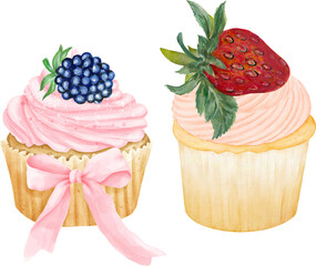 Doodle illustration watercolor Sweet love bite cupcake clipart. Valentine, birthday dessert
