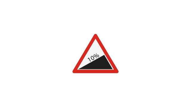 Red emergency stop triangle sign afore Destroyed car in car crash traffic accident on city road animated on white background