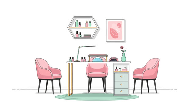 A nail salon scene with pink chairs and a white table