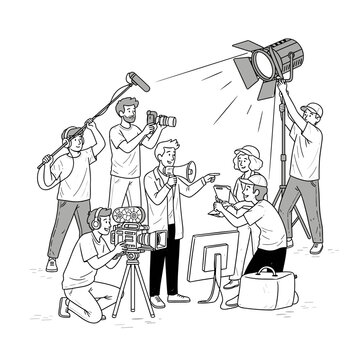 Film crew collaborating under dramatic spotlight for Sundance Film Festival  