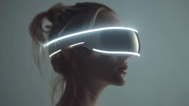 A stylish female model interacts with cutting edge VR equipment, symbolizing innovation and the future of digital entertainment. The scene highlights sleek design and tech trends