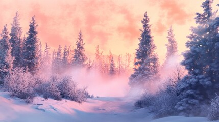 Enchanted Winter Sunrise: A Misty Forest Path