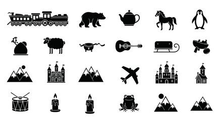 Naklejka premium Silhouette Icons Depicting Wildlife, Transportation, Music, and Festive Elements in Black