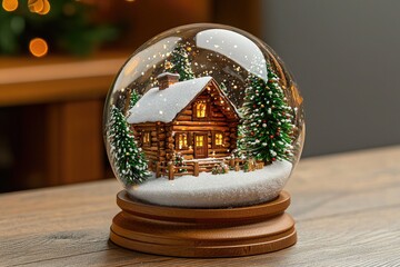Snow globe with log cabin and Christmas trees inside, falling snow, on wooden stand, creating a magical winter scene with shimmering light effects, ideal for holiday decorations and seasonal greetings