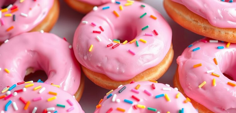 Pink frosted vanilla cake donuts, colorful sprinkles close-up,  dessert,   colorful sprinkles