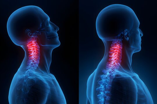 A human spine illustration showing discomfort in the neck area with a red glow indicating pain and a slight tilt forward.