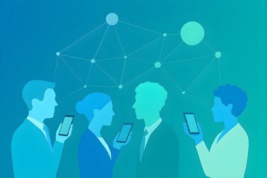 Business team connecting through abstract network nodes, professional communication, corporate style, blue and green colors