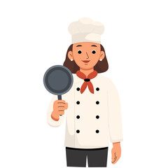 Female chef holding frying pan illustration. Vector illustration of a smiling female chef in uniform and hat, holding a frying pan, representing cooking, restaurant, and culinary profession.
