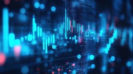 Abstract Digital Stock Market Data Visualization: Blue and Pink Candlestick Charts on a Dark Background
