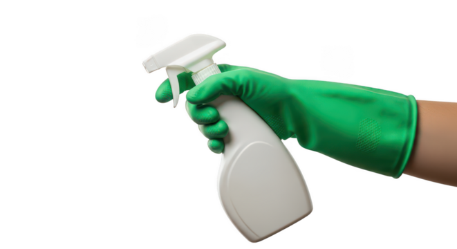 Hand wearing green glove holding white spray bottle isolated on transparent background - Powered by Adobe