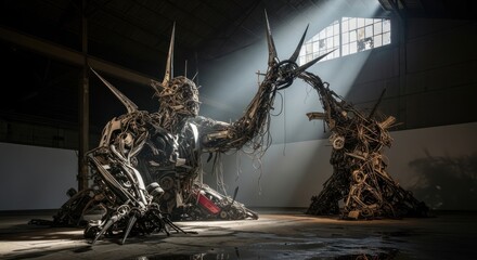 Dramatic metal sculpture art installation in industrial warehouse with stunning light beams, creative innovation