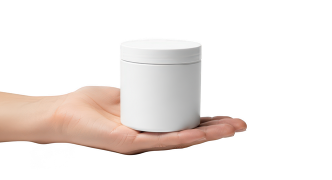 White pill bottle held in hand isolated on transparent background