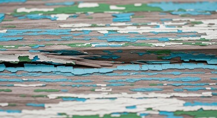 Weathered wood texture with peeling paint in shades of blue and green, showcasing rustic charm and vintage appeal