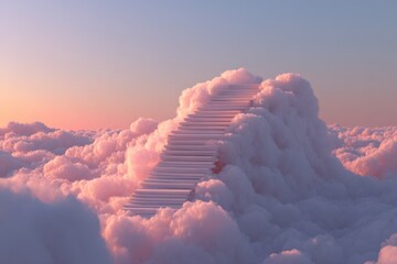 A surreal staircase rises endlessly into the clouds, symbolizing ambition and the pursuit of dreams.