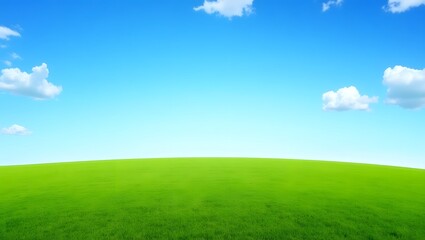 Fototapeta premium Lush Green Field Under a Clear Blue Sky with Scattered Clouds A Serene Landscape