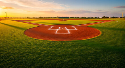 Dramatic sunrise over an immaculate baseball field with lush green grass and vibrant red clay, perfect for sports advertisements and youth program promotions