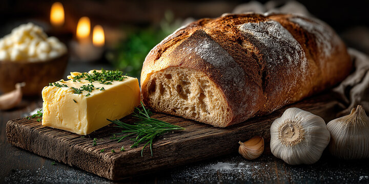 Crusty artisan bread accompanies butter and garlic on rustic board.