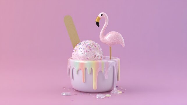 Pink ice cream scoop with flamingo in bowl, colorful drizzle on pink bg