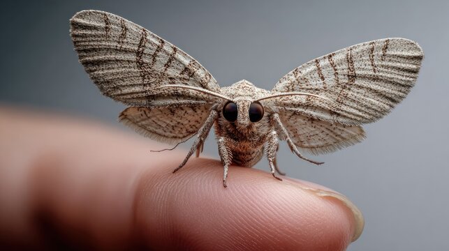 Tiny moth perched on a fingertip, wings spread showing subtle stripes - Powered by Adobe