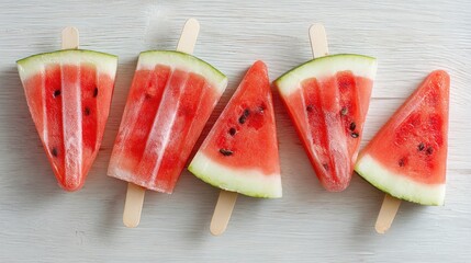 Watermelon slices on popsicle sticks, arranged on a light wood surface