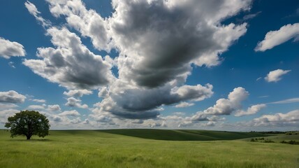 Vast green meadow under a dramatic sky with a lone tree in the distance