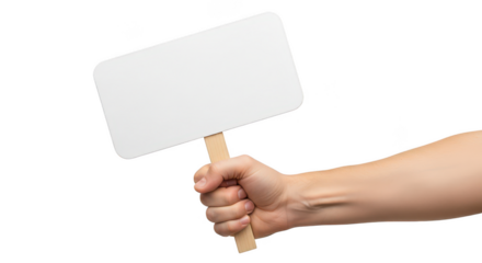 Hand holding a blank white sign on a stick isolated on transparent background